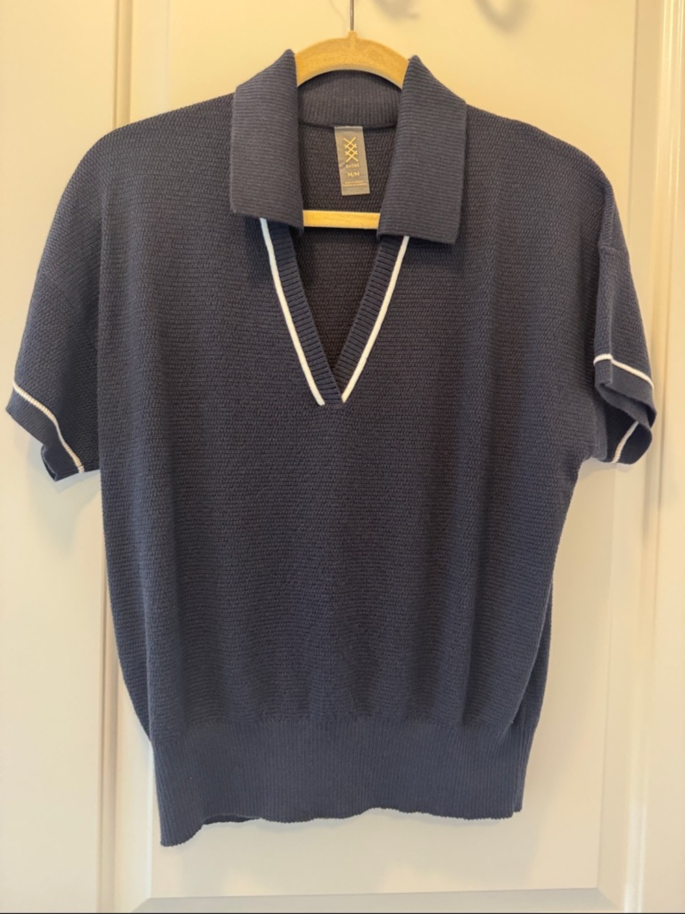 RHONE Navy Knit Short-Sleeve Polo with White Accents • Medium